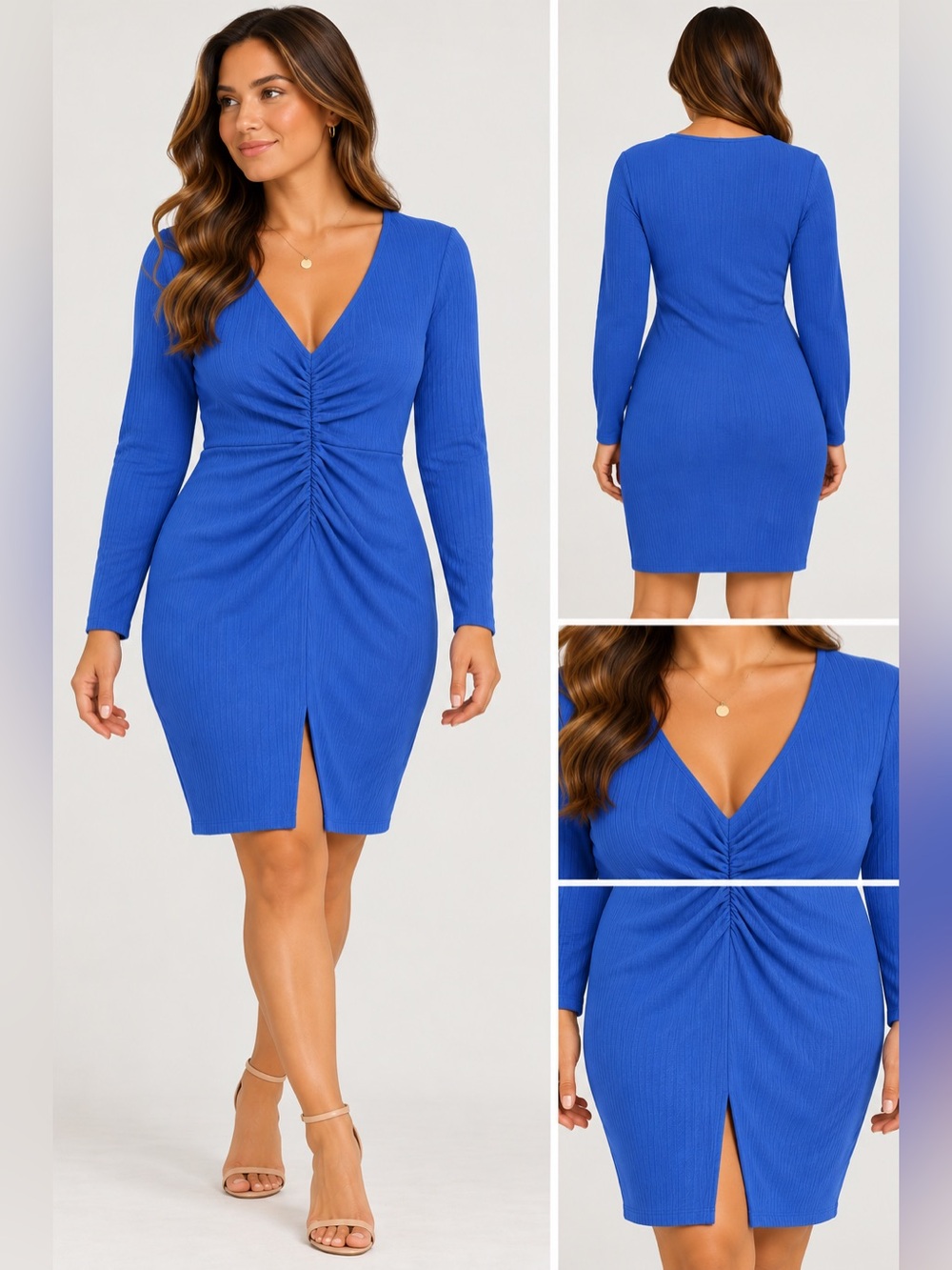 Vero Moda Royal Blue Long Sleeve V-Neck Ruched Front Dress